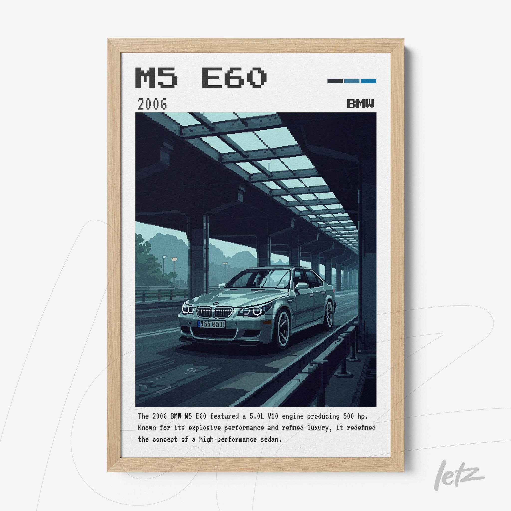 pixel art of a BMW M5 E60 car under a bridge with light wood frame