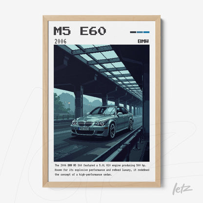 pixel art of a BMW M5 E60 car under a bridge with light wood frame