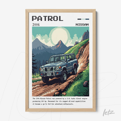 pixel art framed print of a blue Nissan Patrol on a mountain road with light wooden frame