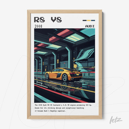 framed digital art of an Audi R8 V8 car in a futuristic setting with light wooden frame