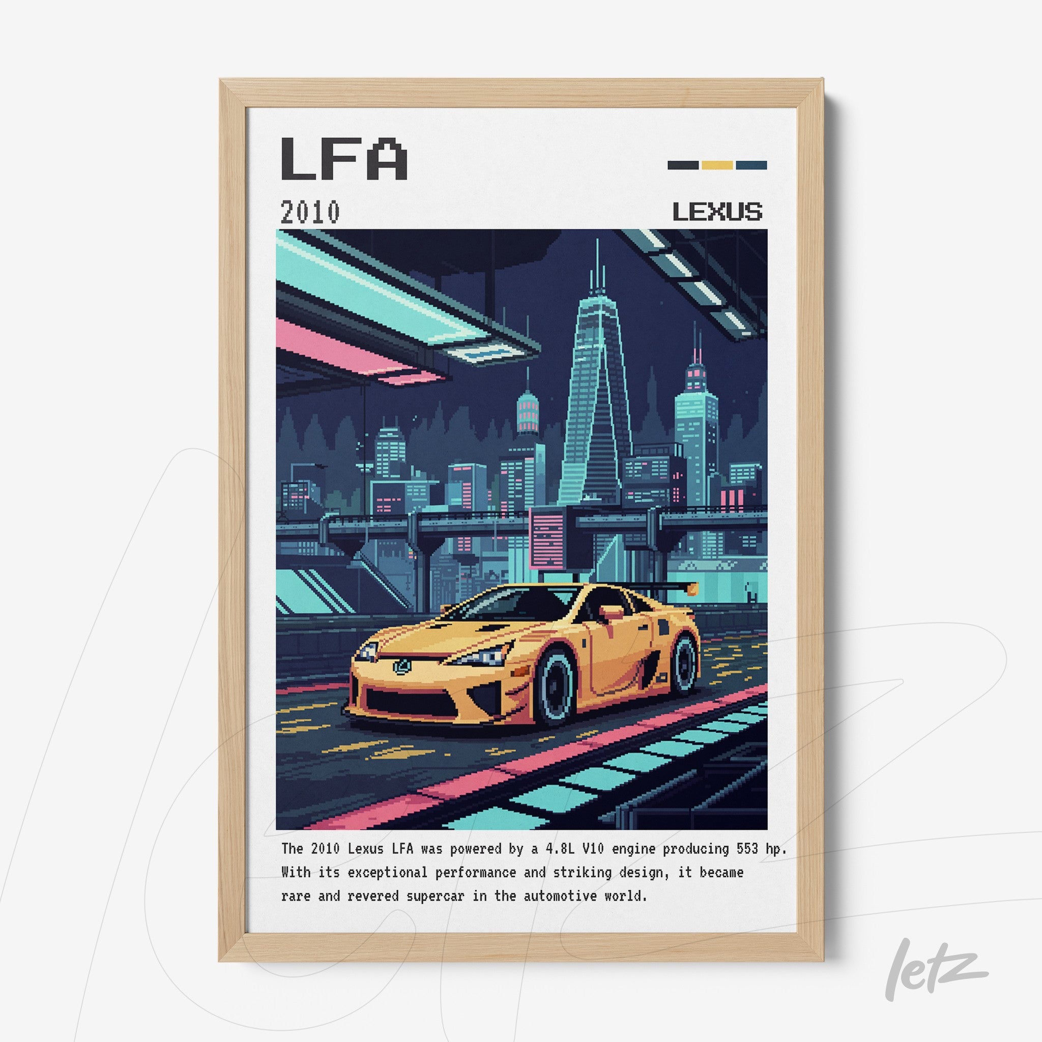 framed wall art featuring a pixel art illustration of a yellow sports car set against a stylized urban background with skyscrapers