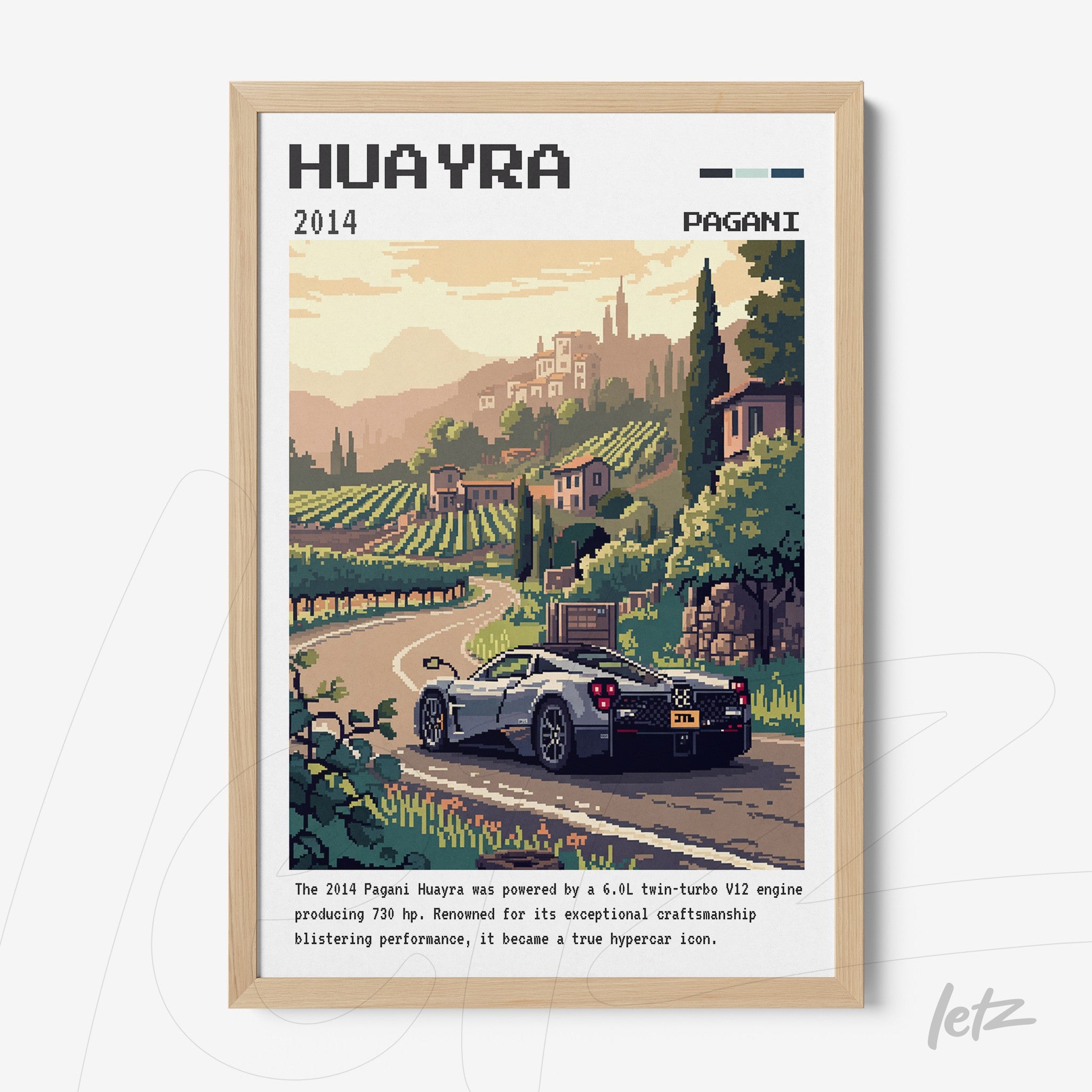 pixel art of a Pagani Huayra sports car in a rural landscape with a light wooden frame