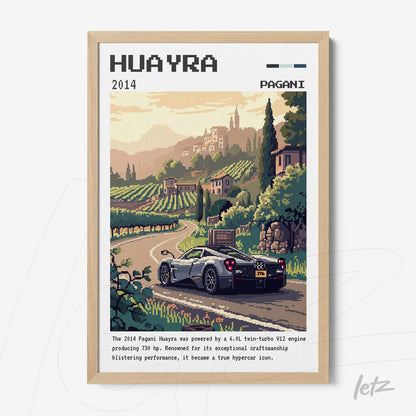 pixel art of a Pagani Huayra sports car in a rural landscape with a light wooden frame