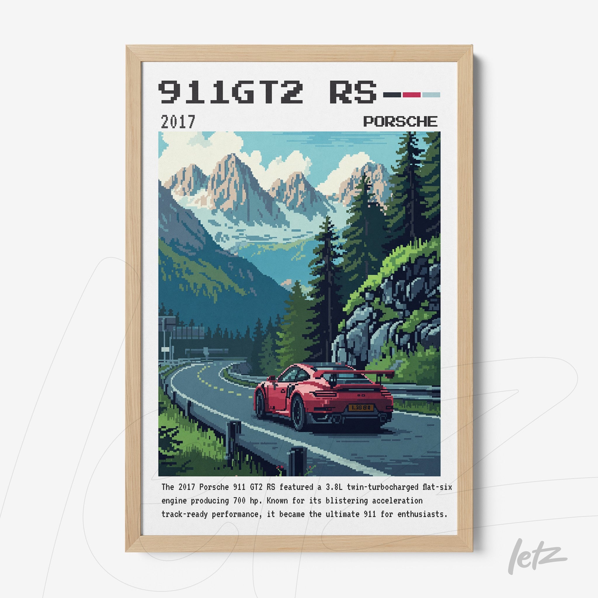 pixel art style framed wall art featuring a red Porsche 911 GT2 RS on a mountain road with a light wood frame and green mountain background