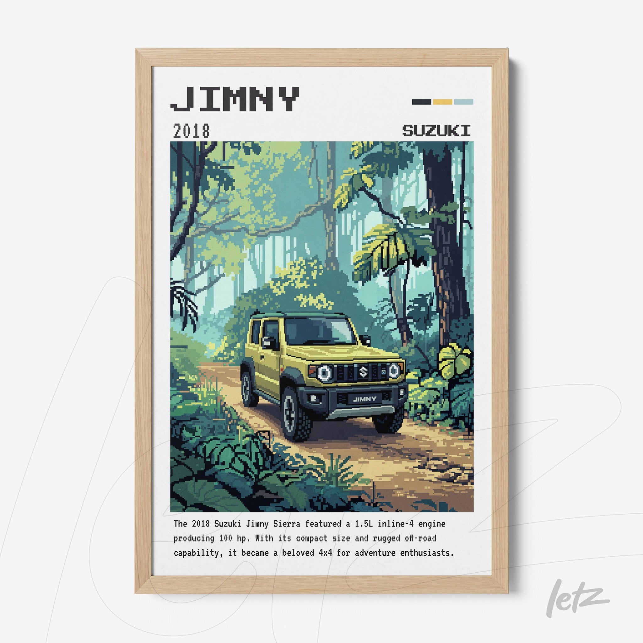framed pixel art of a yellow Jimny SUV on a dirt road surrounded by greenery