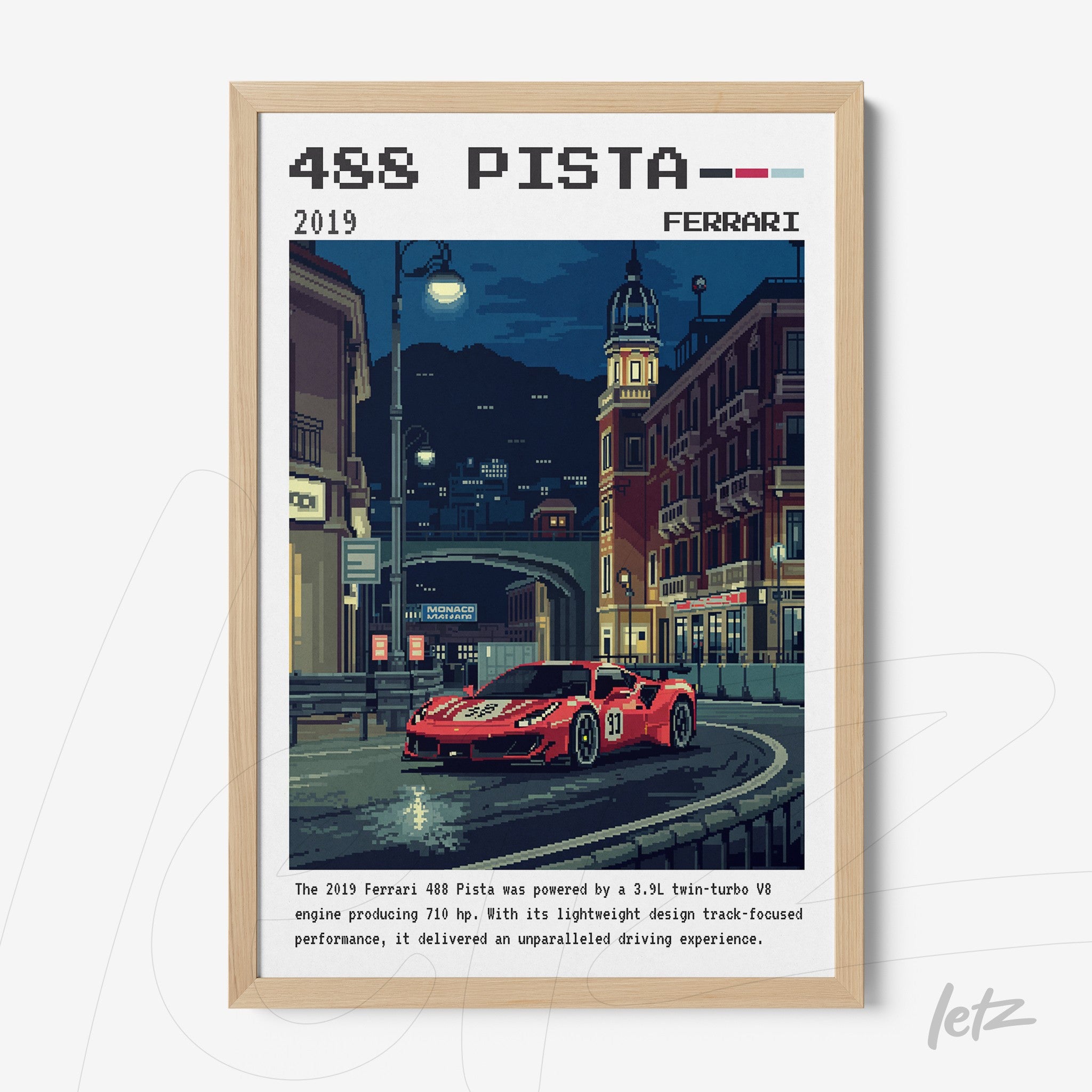 framed artwork of Ferrari 488 Pista sports car with light wood frame, featuring a nighttime urban background