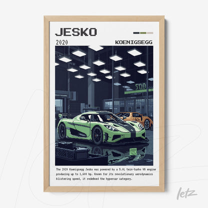 retro style framed artwork featuring the sports car Koenigsegg Jesko in light wood frame