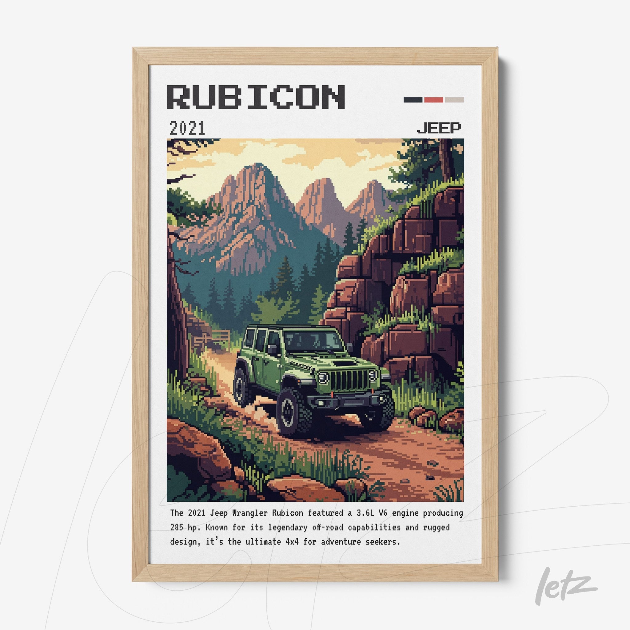 retro style wall art of a Jeep Wrangler Rubicon driving on a mountain road with scenic peaks in the background, framed in light wood