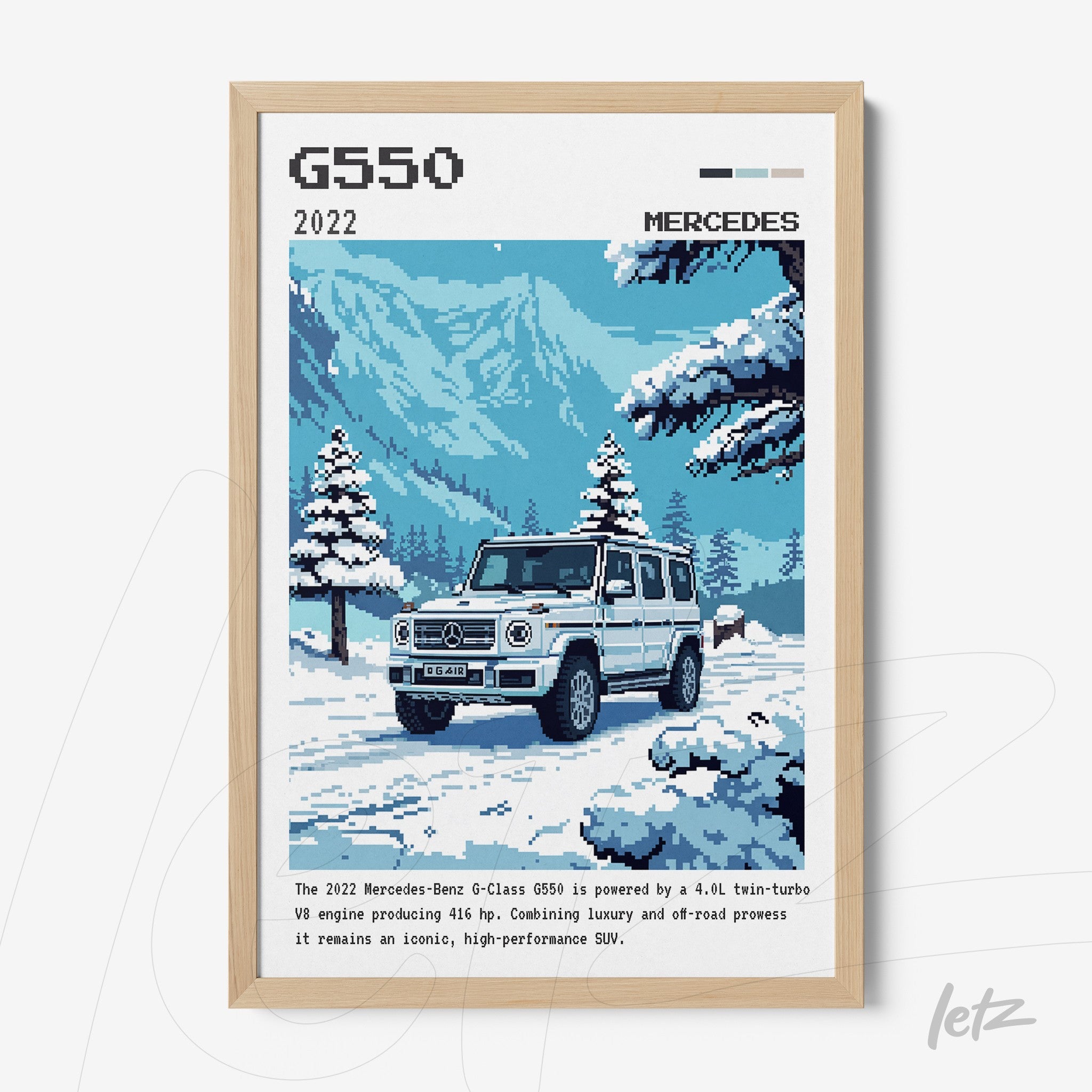 framed digital art of Mercedes-Benz G-Class G550 in snowy landscape with light wood frame