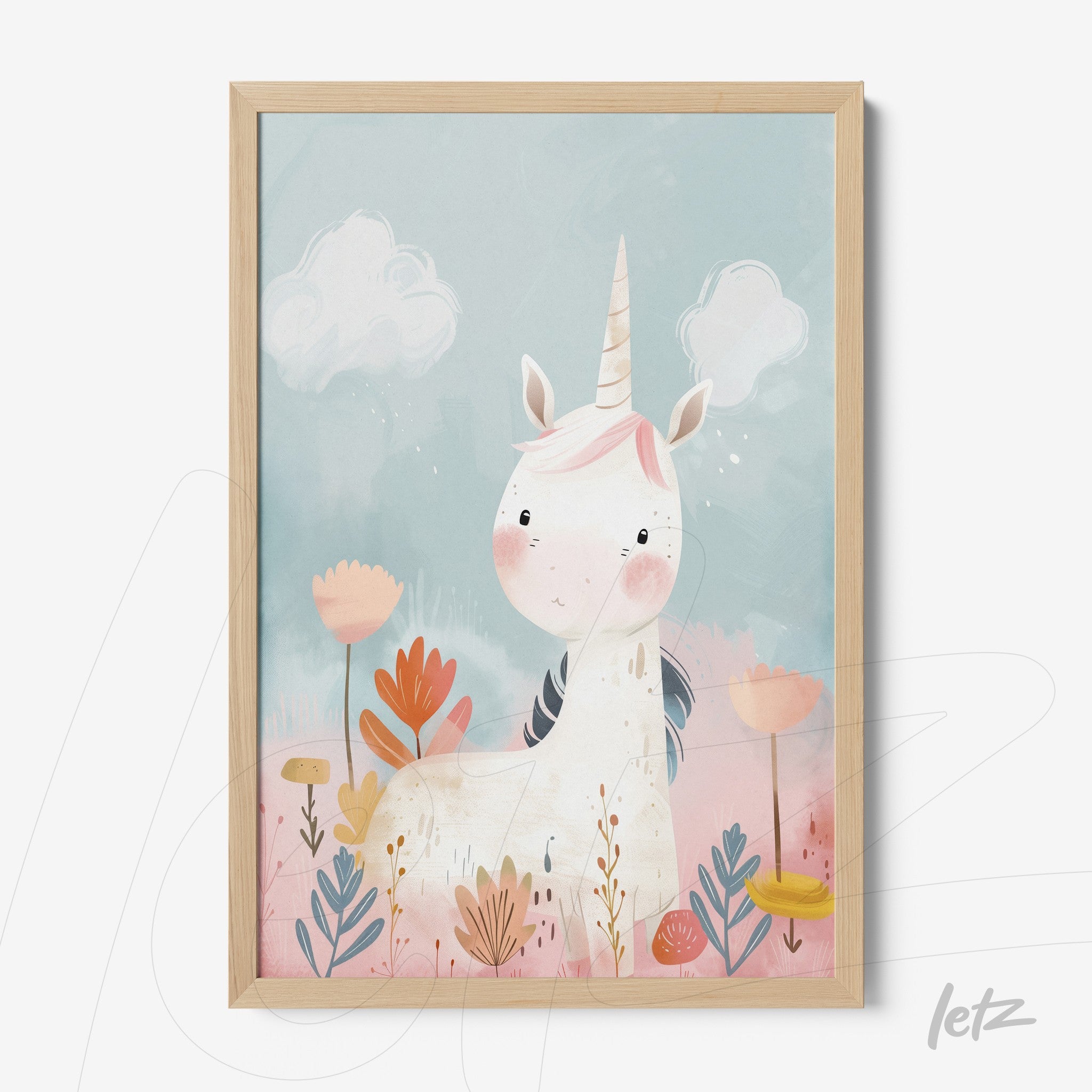 framed children's art of a unicorn with light wood frame against a blue and pink background