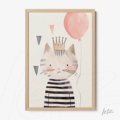 framed wall art featuring a striped cat illustration wearing a crown and holding a pink balloon with a light wood frame