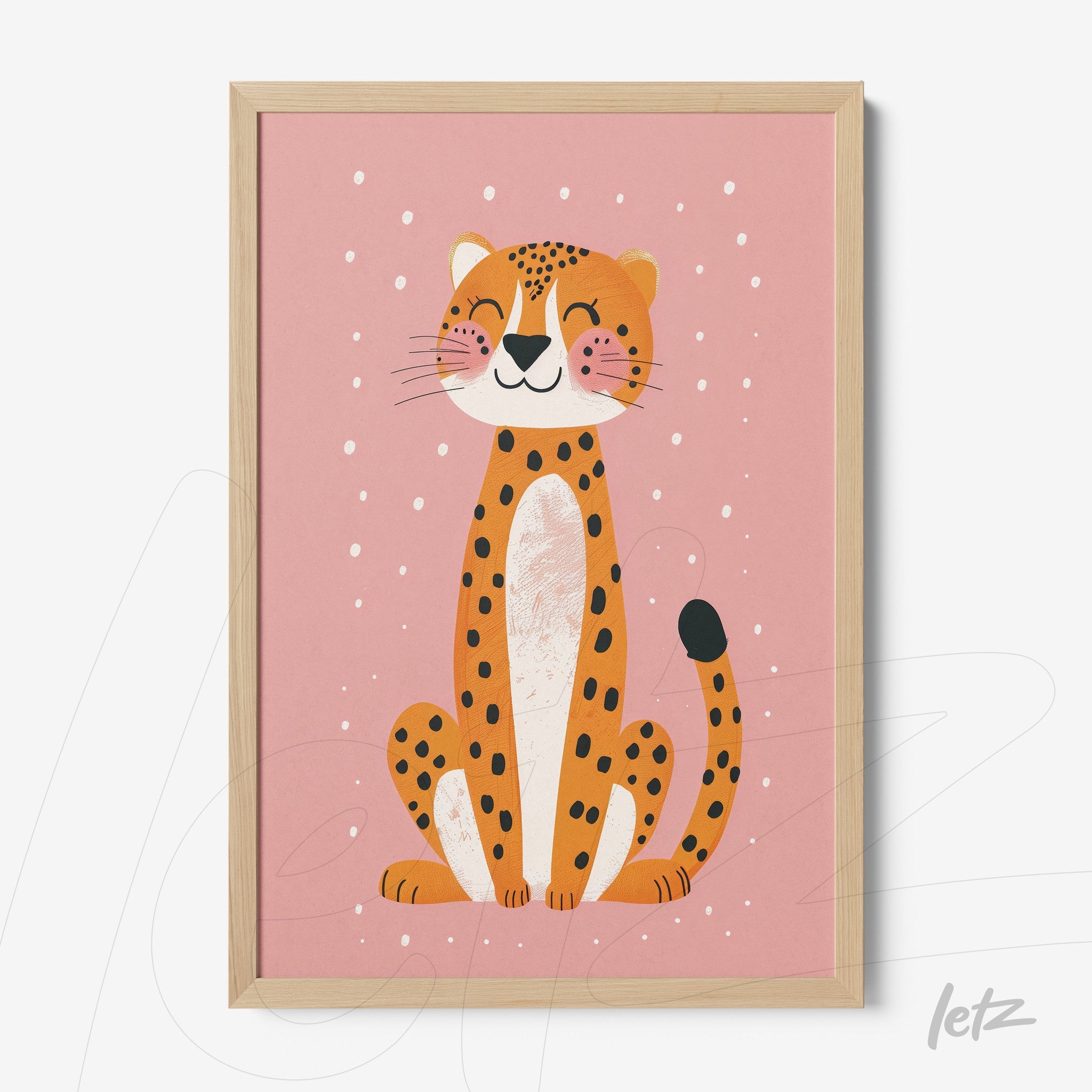 framed artwork of a smiling leopard illustration on pink background with light wood frame