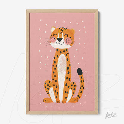 framed artwork of a smiling leopard illustration on pink background with light wood frame