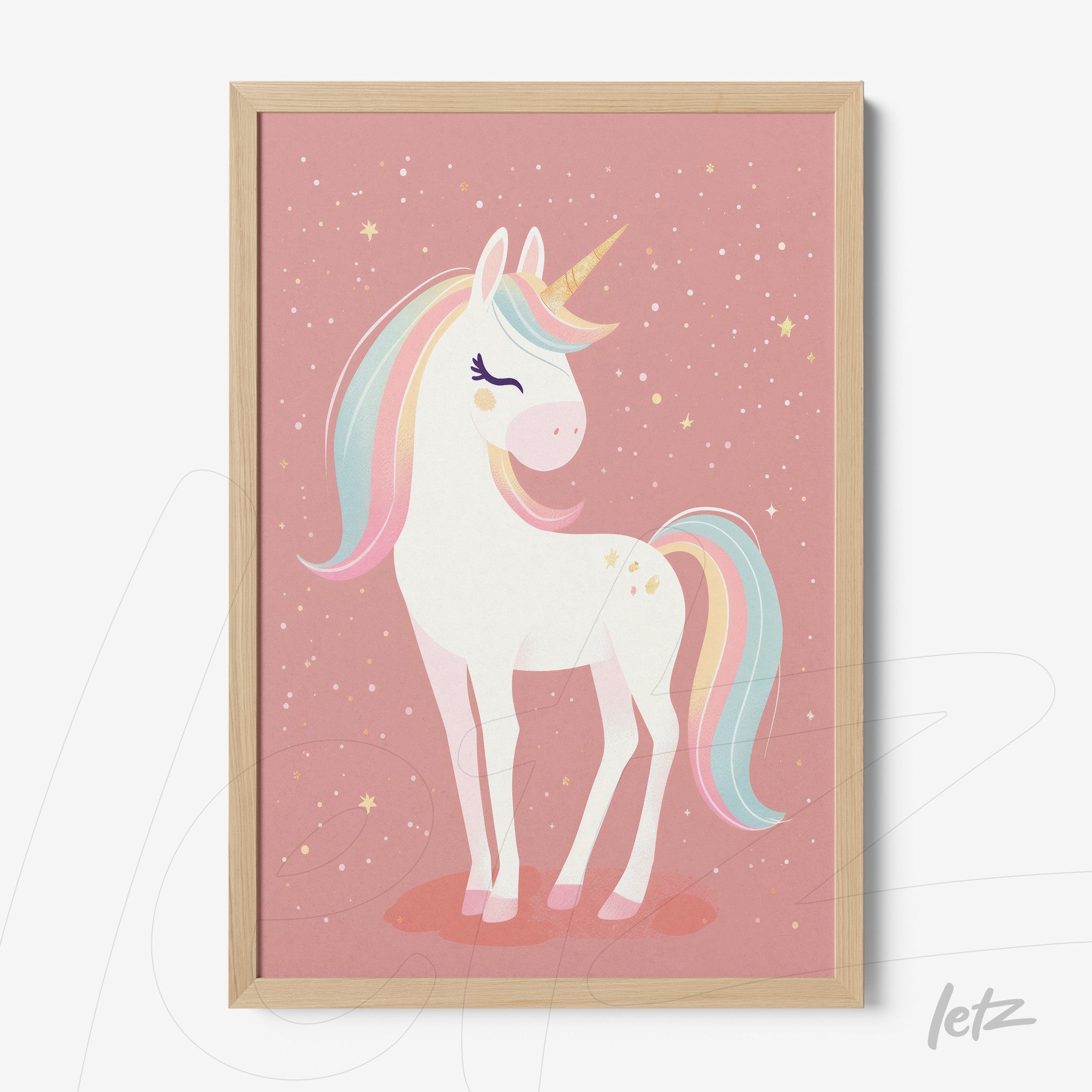 children's wall art featuring a unicorn on a pink background with stars and light wood frame