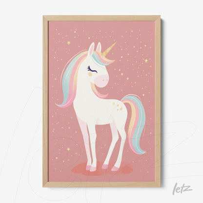 children's wall art featuring a unicorn on a pink background with stars and light wood frame