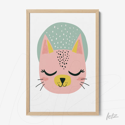 framed wall art featuring a stylized cat illustration in pink and light blue with a cute hat detail