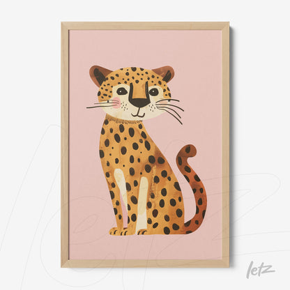 framed artwork featuring a stylized leopard illustration on pink background with light wood frame
