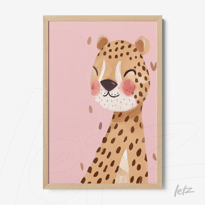 framed art illustration of a smiling leopard on pink background with light wood frame