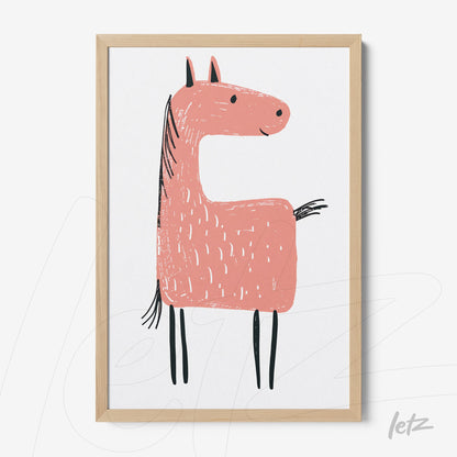 framed artwork featuring a pink horse illustration in light wood frame
