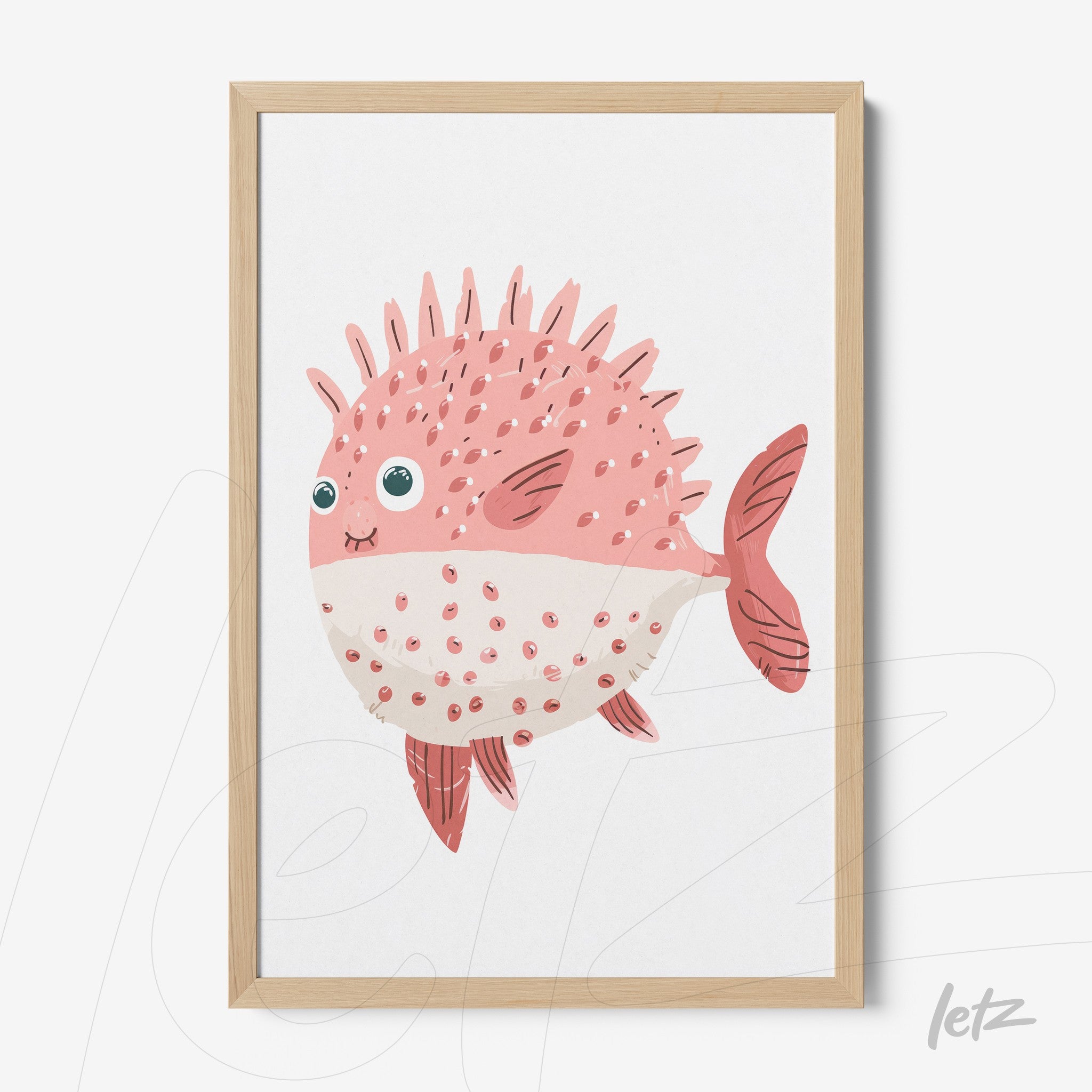 framed wall art featuring a cute pink pufferfish with spikes and a light wood frame