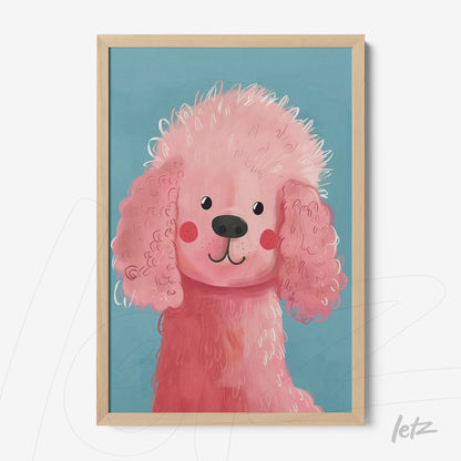 framed art of a pink poodle illustration on blue background with light wood frame