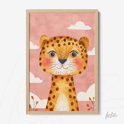 framed artwork featuring a stylized leopard on a pink background with white clouds