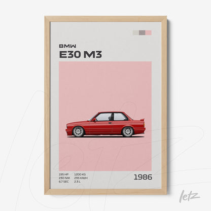 framed artwork of a BMW E30 M3 car illustration with light wood frame