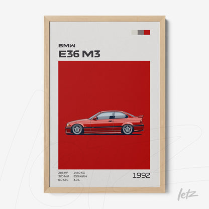 framed artwork featuring a bmw e36 m3 illustration on a red background with light wood frame and informative text alongside