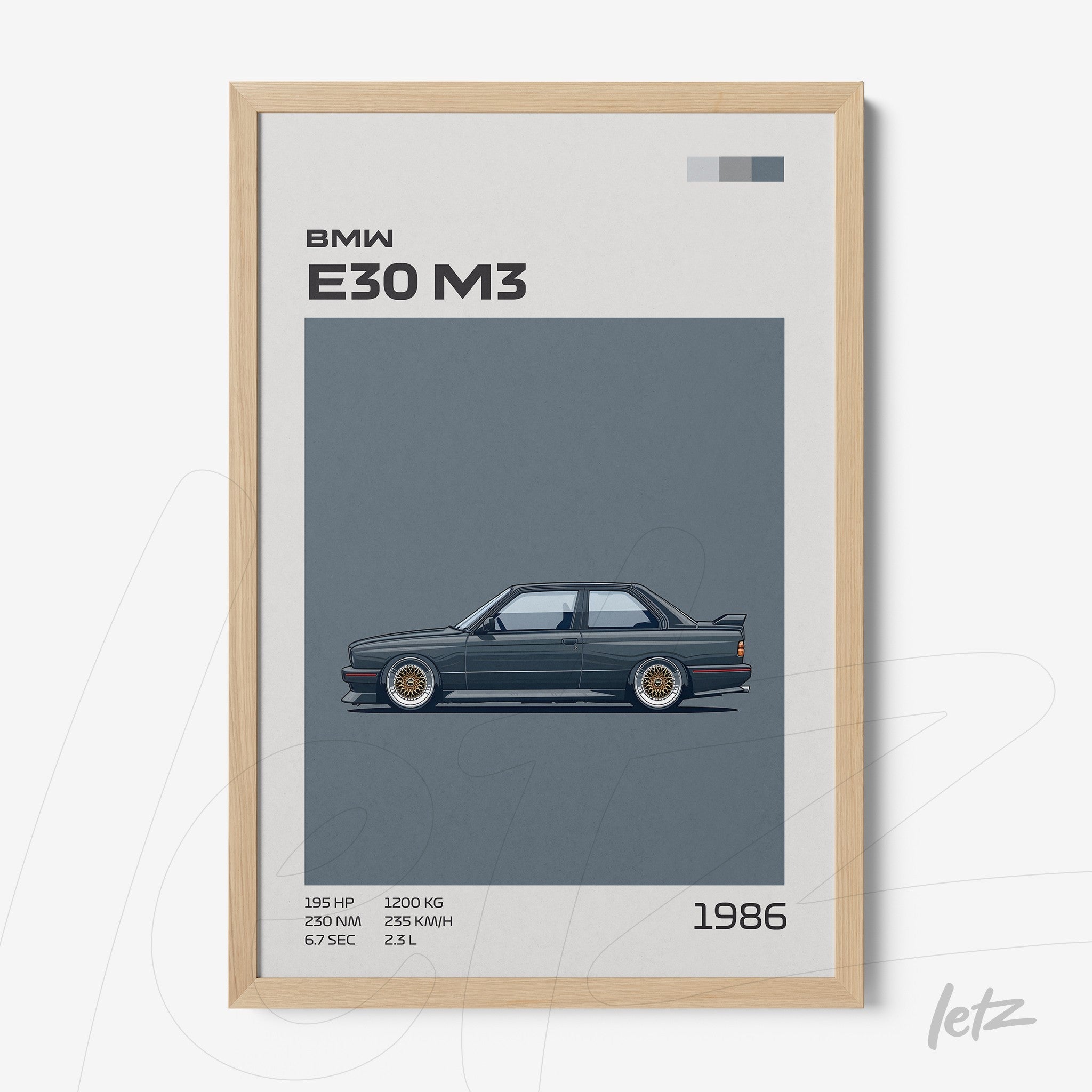 framed art featuring a side view illustration of a BMW E30 M3 in light wood frame