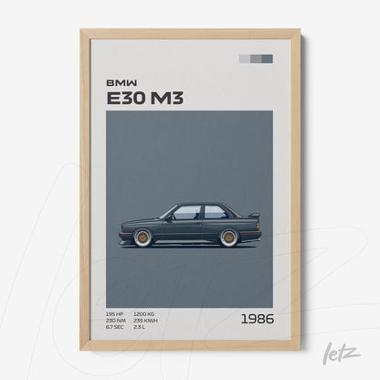 framed art featuring a side view illustration of a BMW E30 M3 in light wood frame