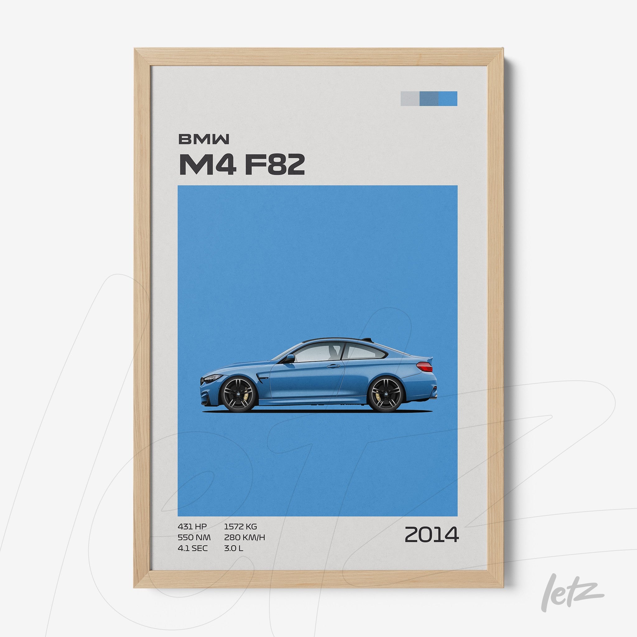 framed graphic art of the BMW M4 F82 car with light frame and blue background