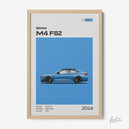 framed graphic art of the BMW M4 F82 car with light frame and blue background