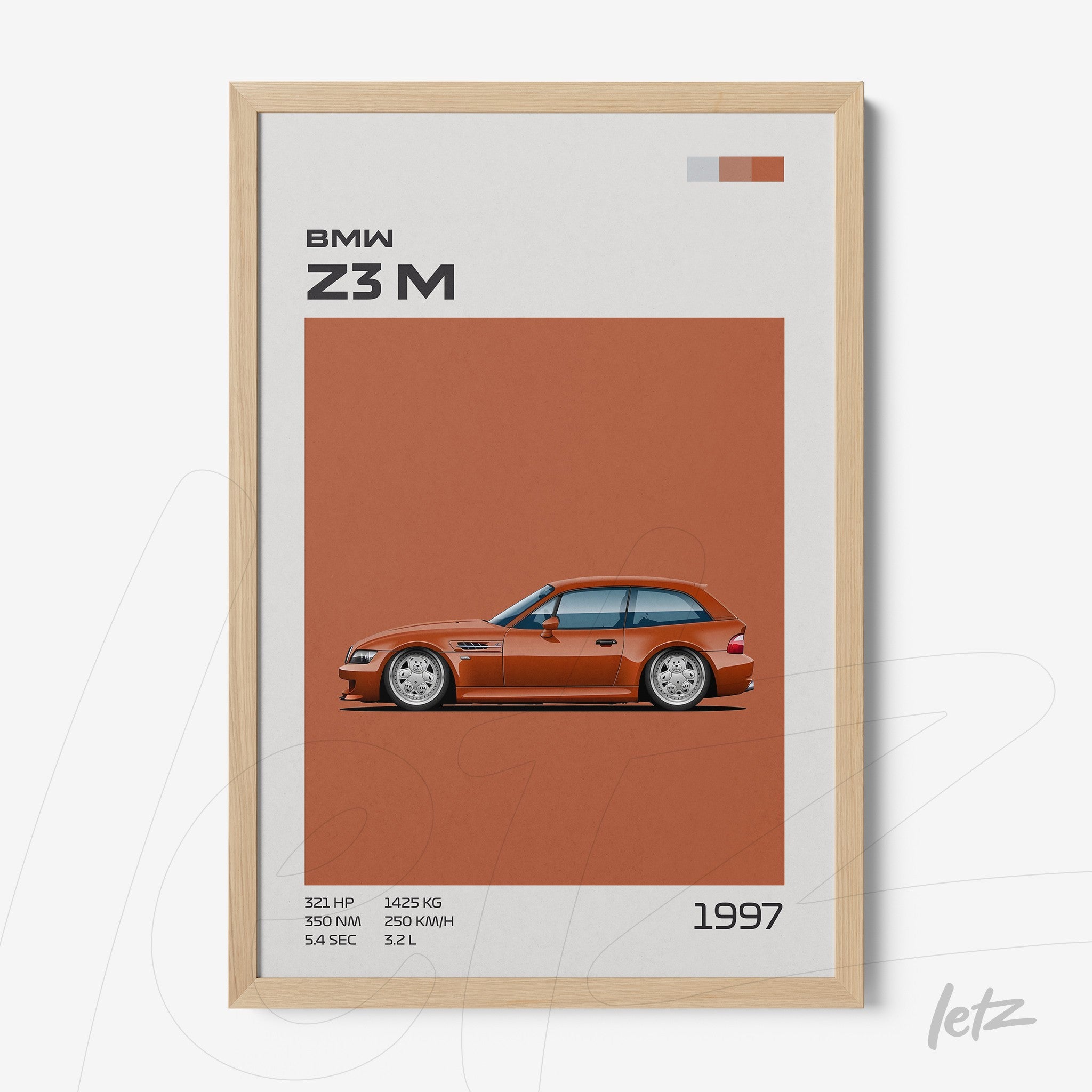 framed minimalist art of the BMW Z3 M car with light wood frame