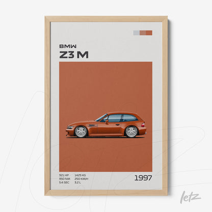 framed minimalist art of the BMW Z3 M car with light wood frame