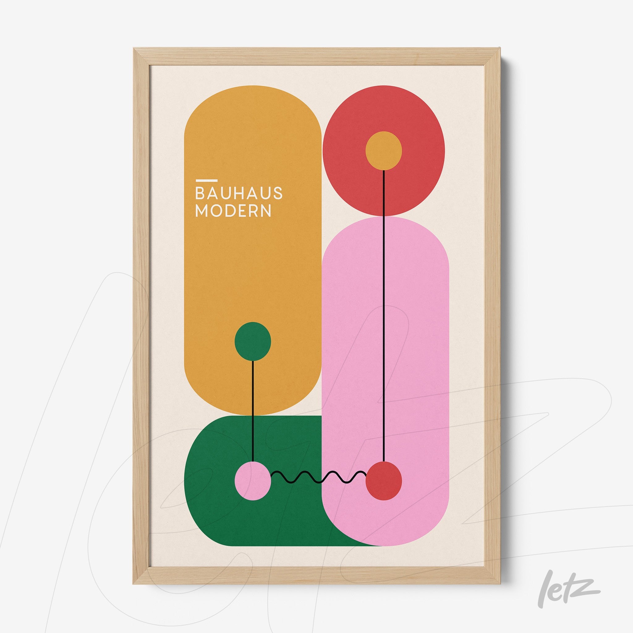 poster print with modern Bauhaus style art in a light frame, featuring colorful geometric shapes
