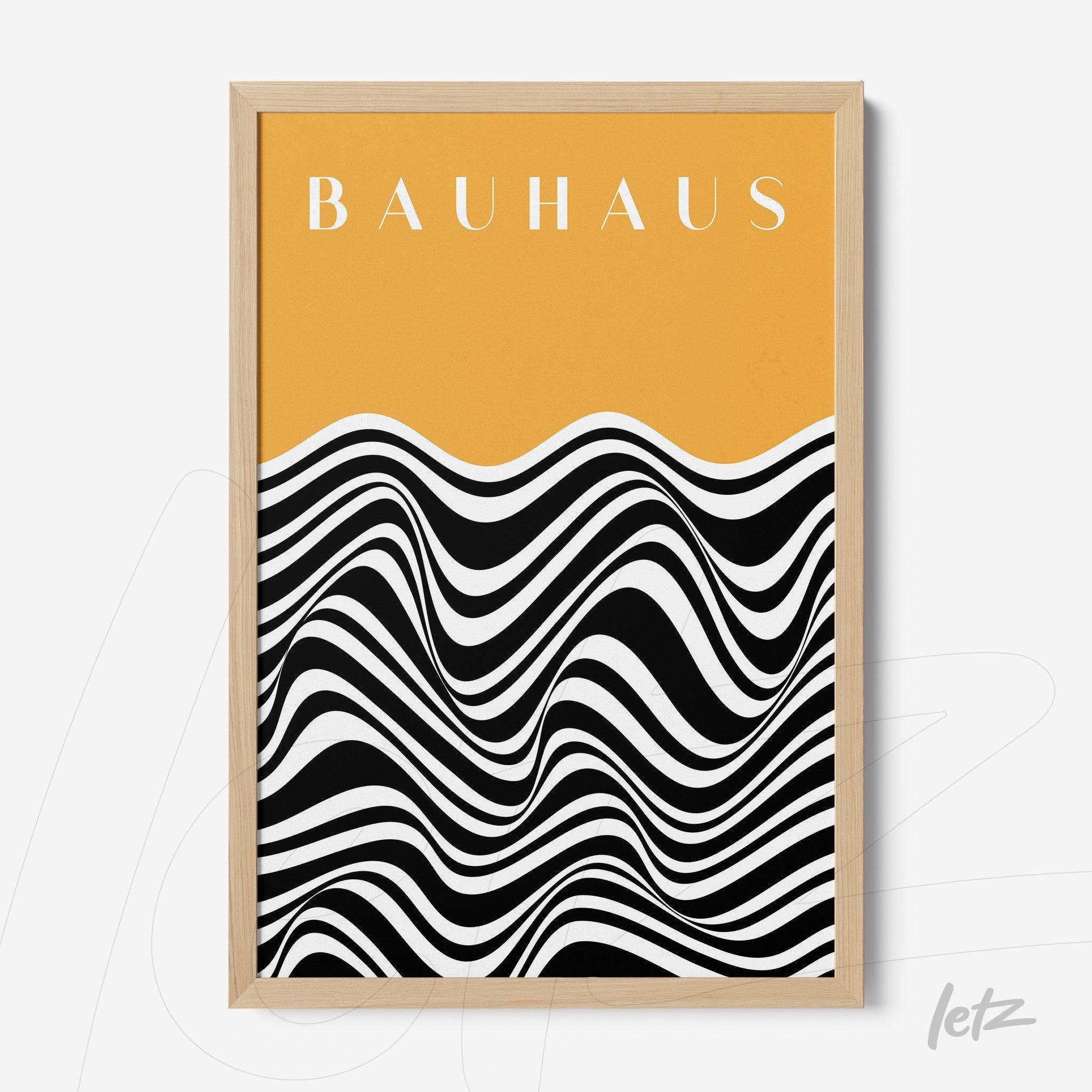 graphic art print featuring black and white waves on an orange background with bauhaus text in a light frame