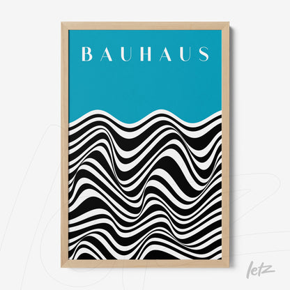 bauhaus design artwork in light wood frame featuring blue background and black and white waves