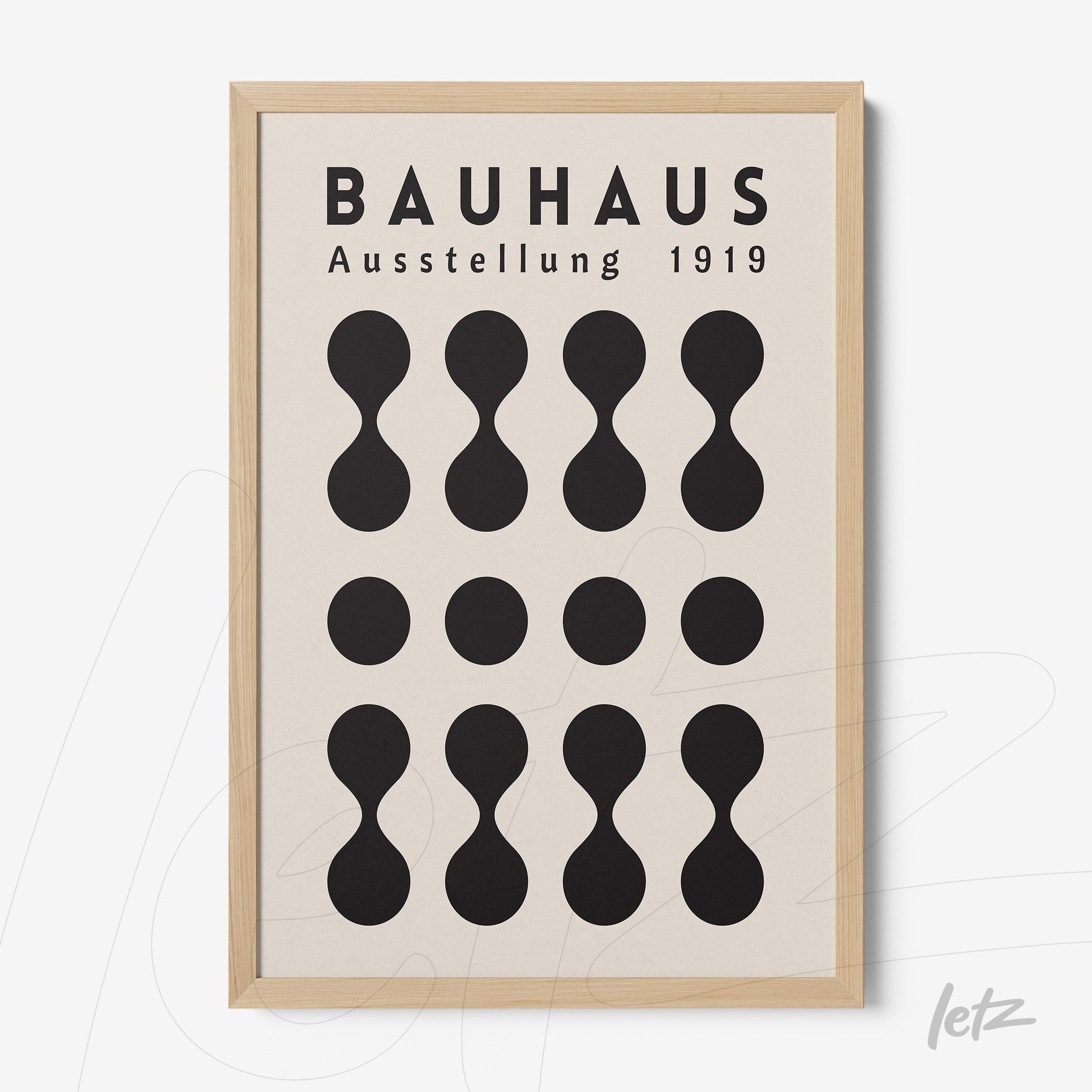poster print featuring bauhaus geometric design in light wood frame