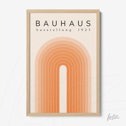 framed Bauhaus school art with orange concentric arches in light wood frame