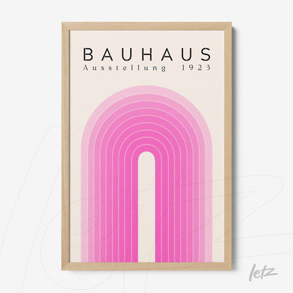 framed poster with pink arch in bauhaus style and light wood frame