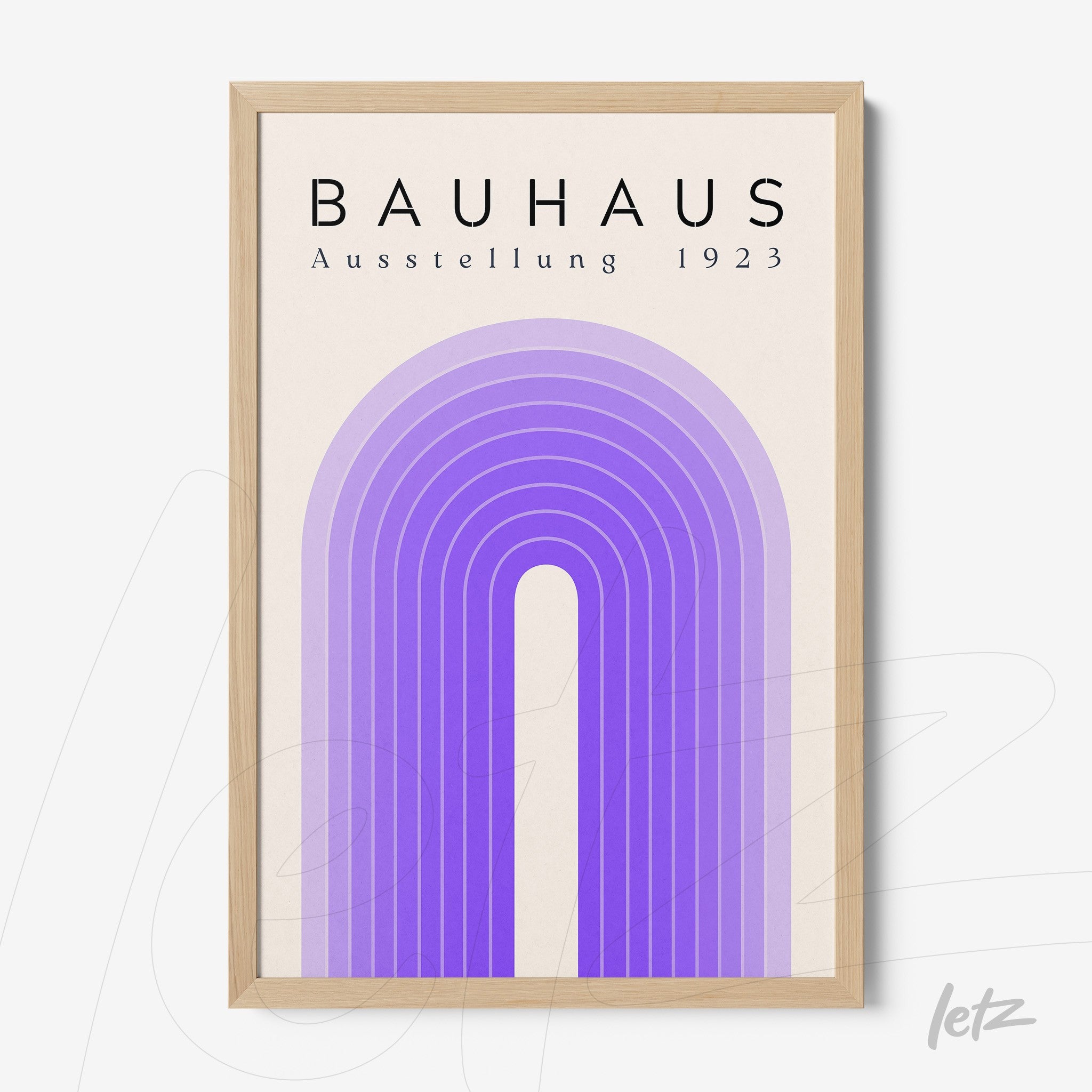 poster print with stylized geometric design in purple tones and curved arch, in light wood frame