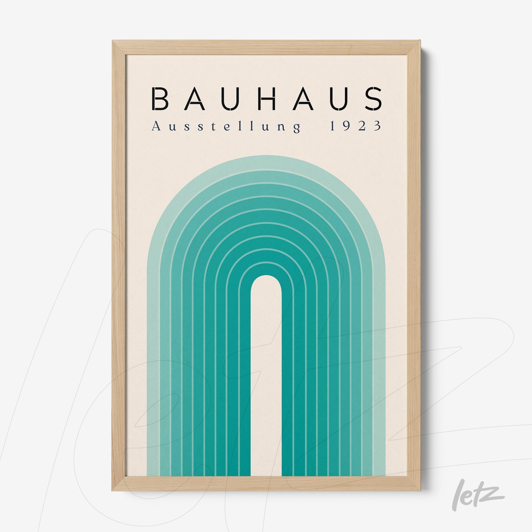 bauhaus style decorative frame with blue-toned arches in a light wood frame