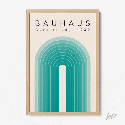 bauhaus style decorative frame with blue-toned arches in a light wood frame