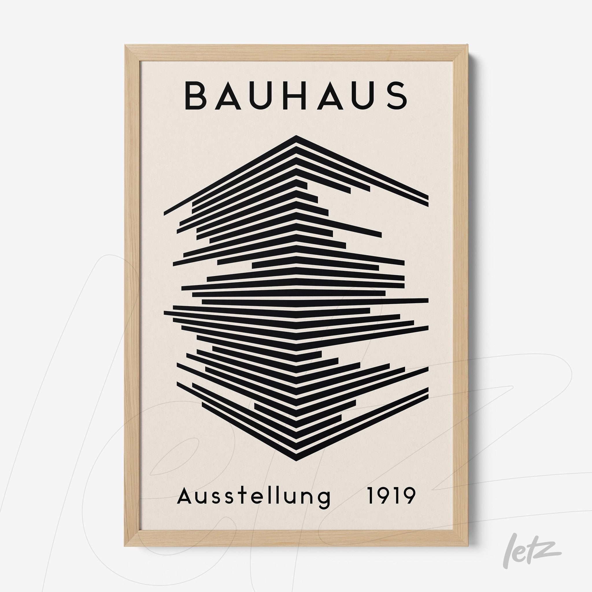poster print featuring geometric Bauhaus style art from 1919 in light wood frame