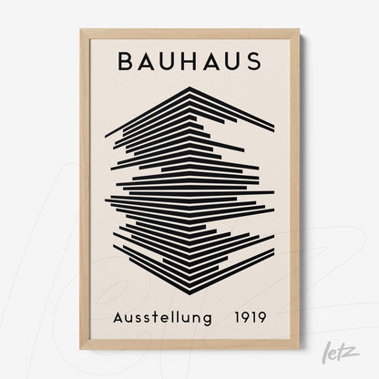 poster print featuring geometric Bauhaus style art from 1919 in light wood frame
