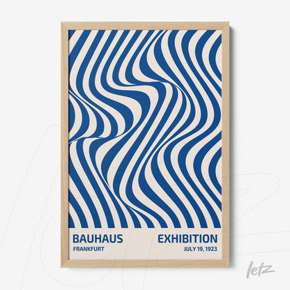 poster featuring abstract wavy blue lines on a white background with a light wood frame
