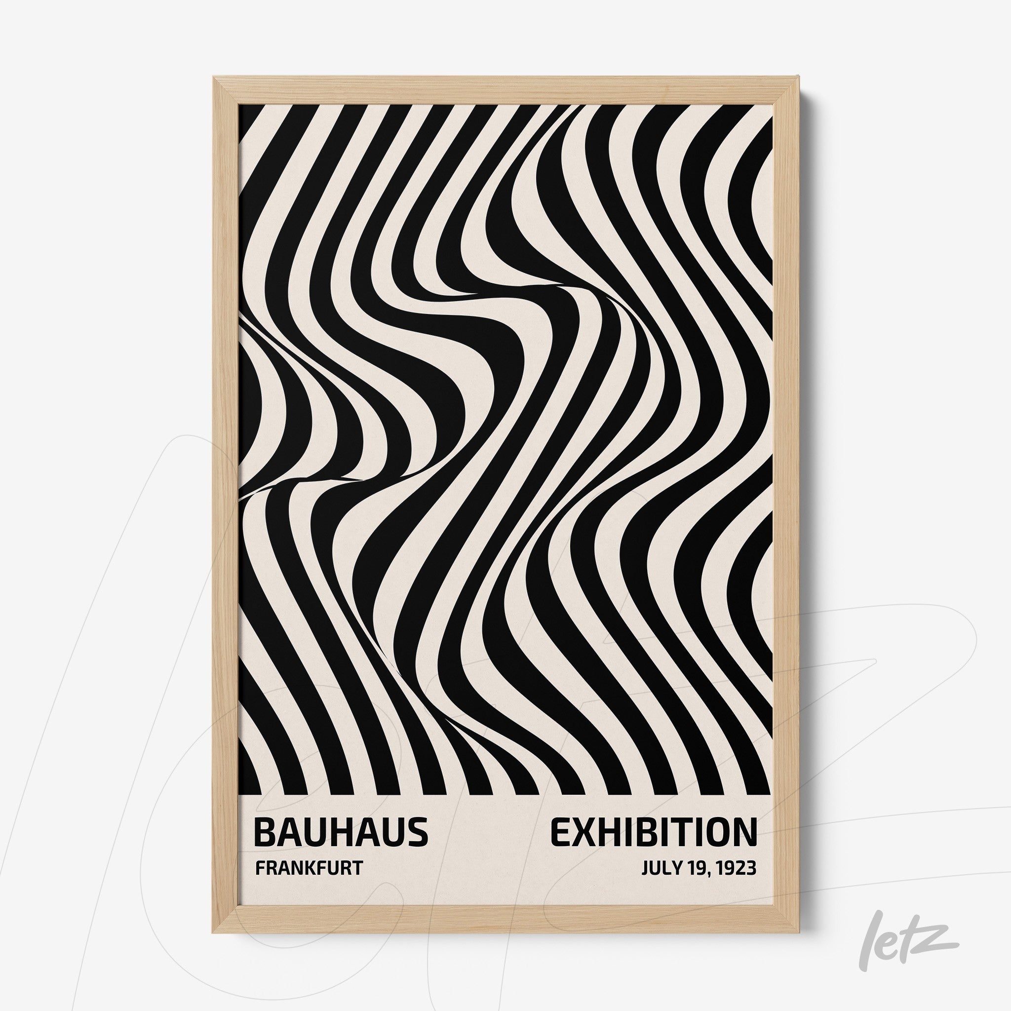 poster featuring abstract black and white art of wavy lines with a light frame, text indicating bauhaus exhibition in frankfurt, july 19, 1923