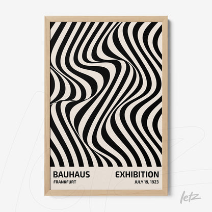 poster featuring abstract black and white art of wavy lines with a light frame, text indicating bauhaus exhibition in frankfurt, july 19, 1923