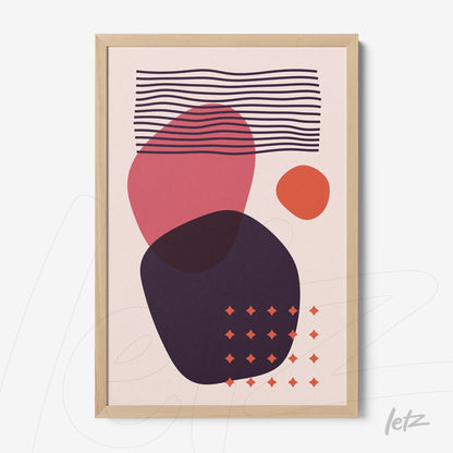 abstract geometric art in shades of pink and purple with light wood frame