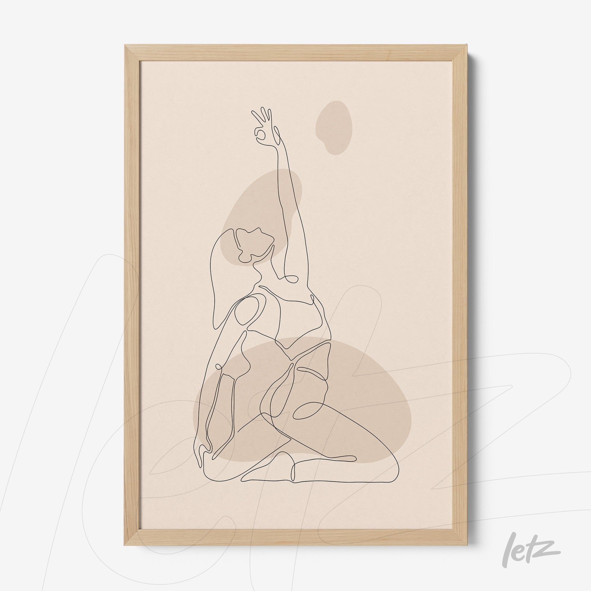 poster featuring minimalist line art of a human figure in continuous strokes framed in light wood